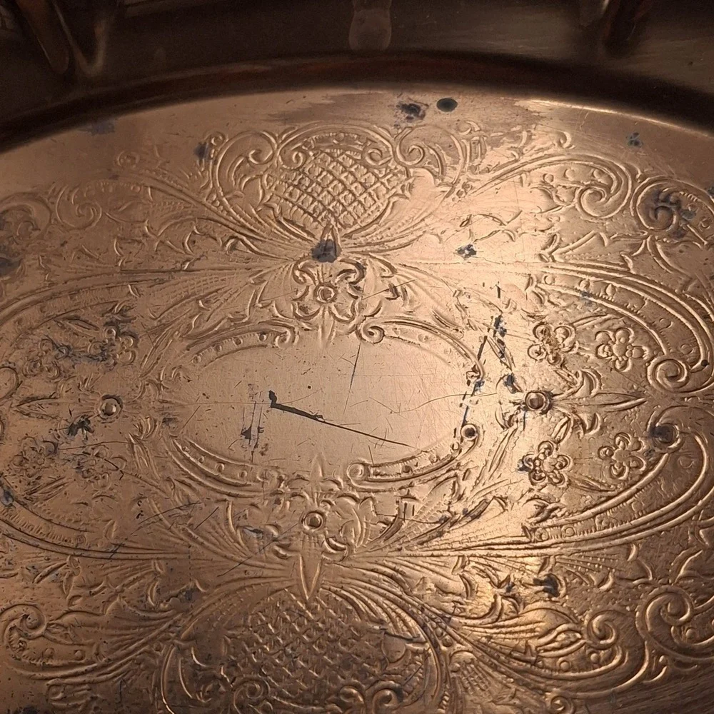 Vintage Copper Plated Oval Serving Dish Tray Lot of 2 Floral Scroll Plain 11.5